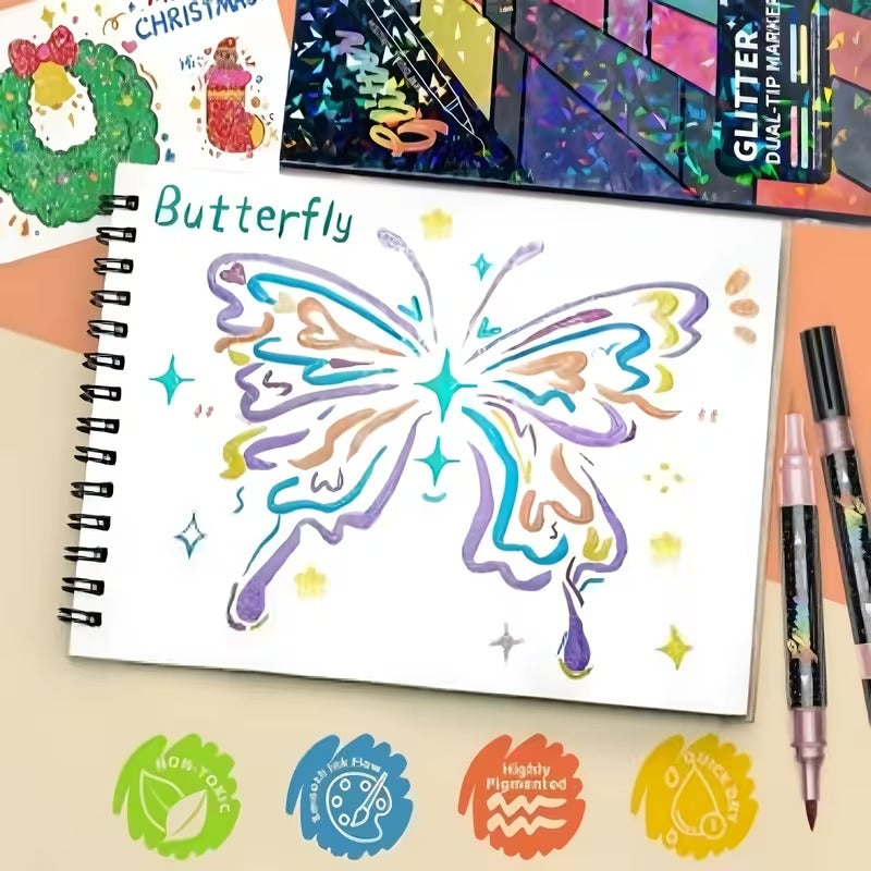 12pcs Dual-Tip Dual-Color Glitter Brush Pen
