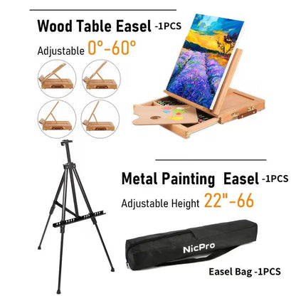 158pcs Deluxe Large Painting Kit with Metal And Solid Beech Wood Easel