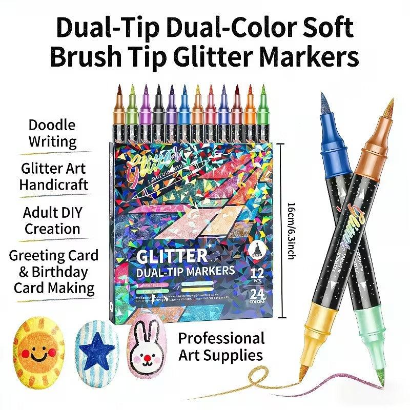 12pcs Dual-Tip Dual-Color Glitter Brush Pen