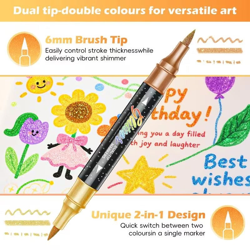 12pcs Dual-Tip Dual-Color Glitter Brush Pen